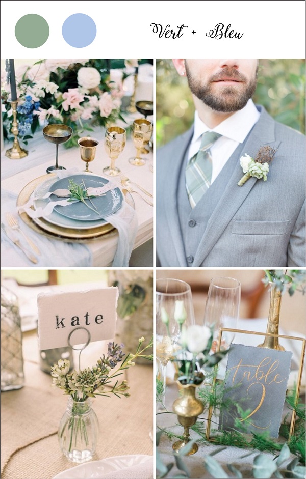 décoration mariage vert et bleu clair ambiance épurée et champetre